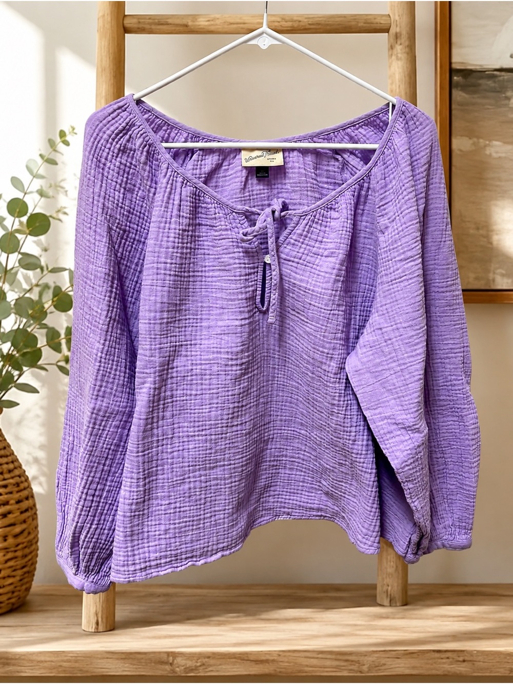 Lightweight Universal Thread Lavender Peasant Blouse with Tie Neck XL